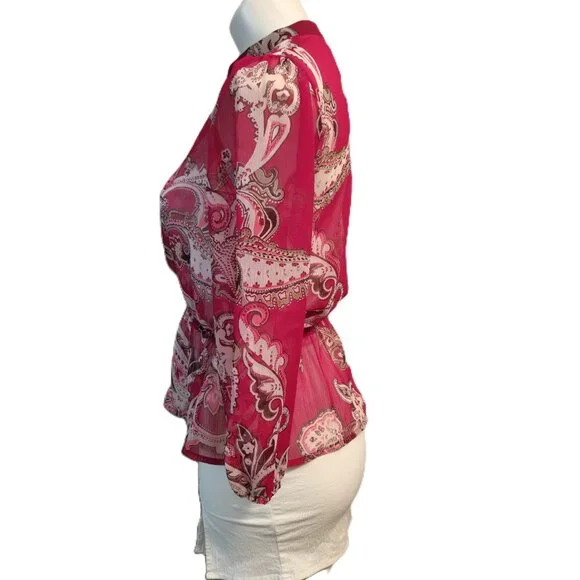 ❤️ 4/$20 New York & Co top Women's XS Sheer chiffon paisley buttons 3/4 sleeve - Picture 9 of 14